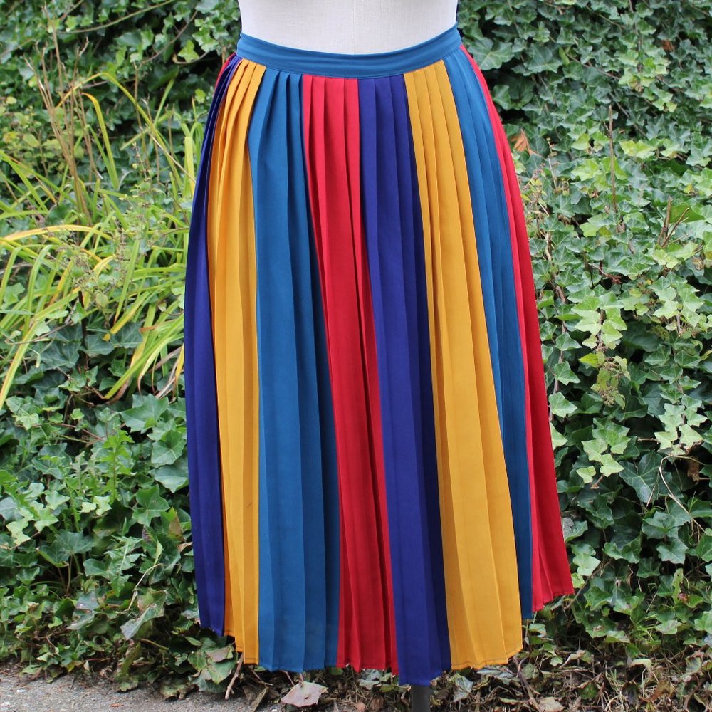 Modcloth 1X Pleated Rainbow Stripes Color Block Midi Skirt